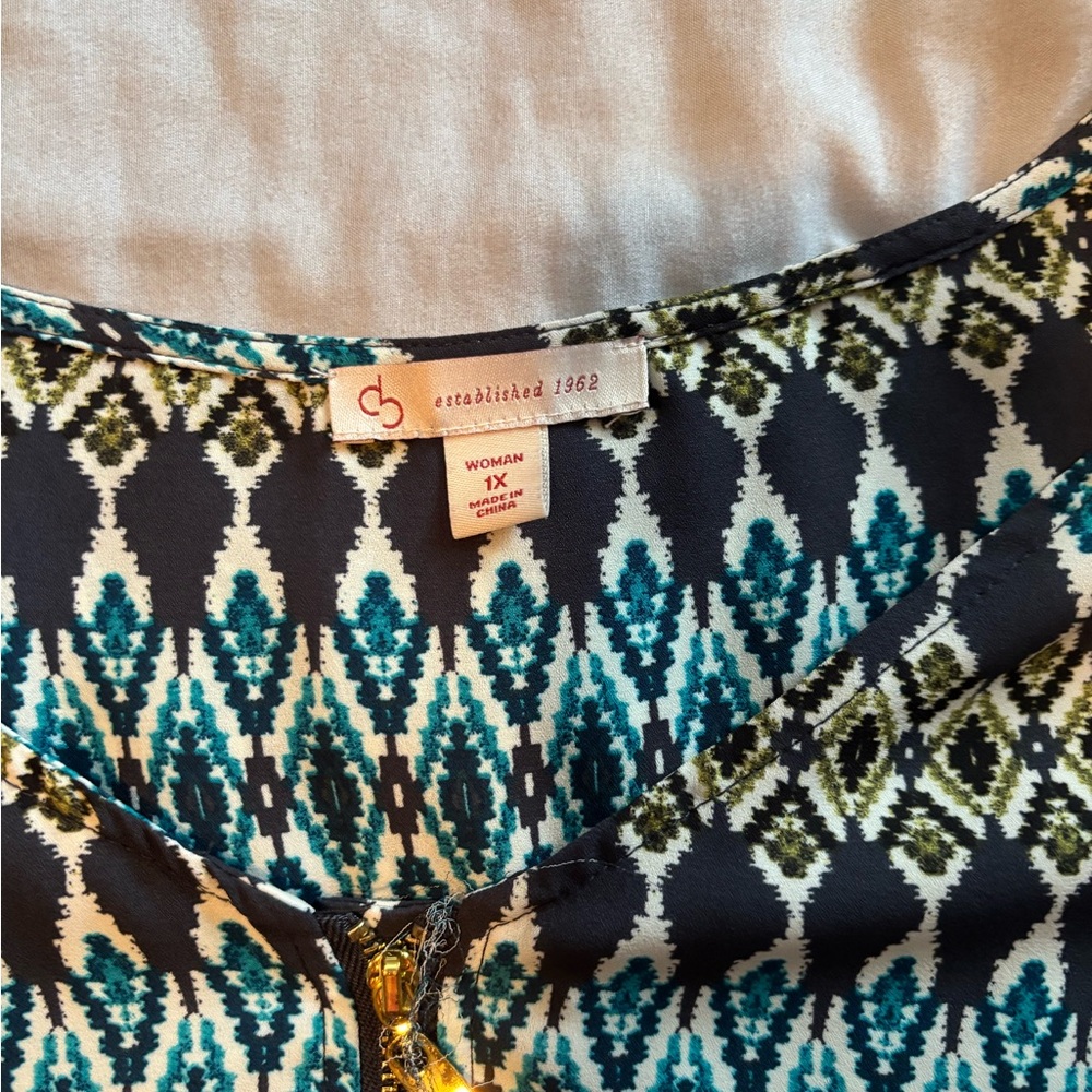Chaps Teal and Black Patterned Blouse